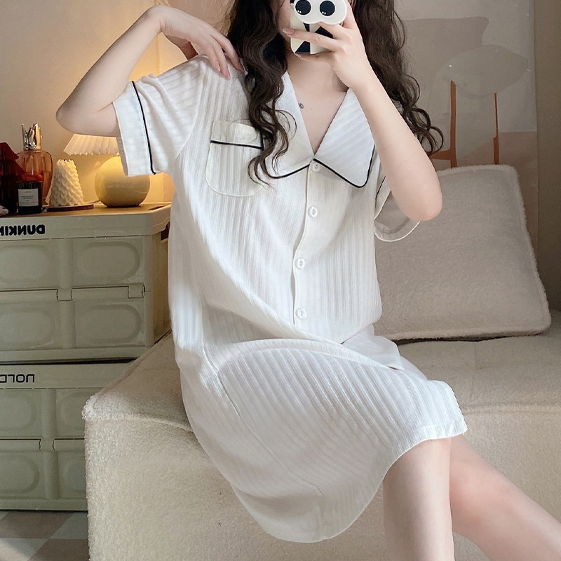 HEARMES 睡衣女款夏天纯棉短袖薄款高级感大翻领睡裙连衣裙夏季士