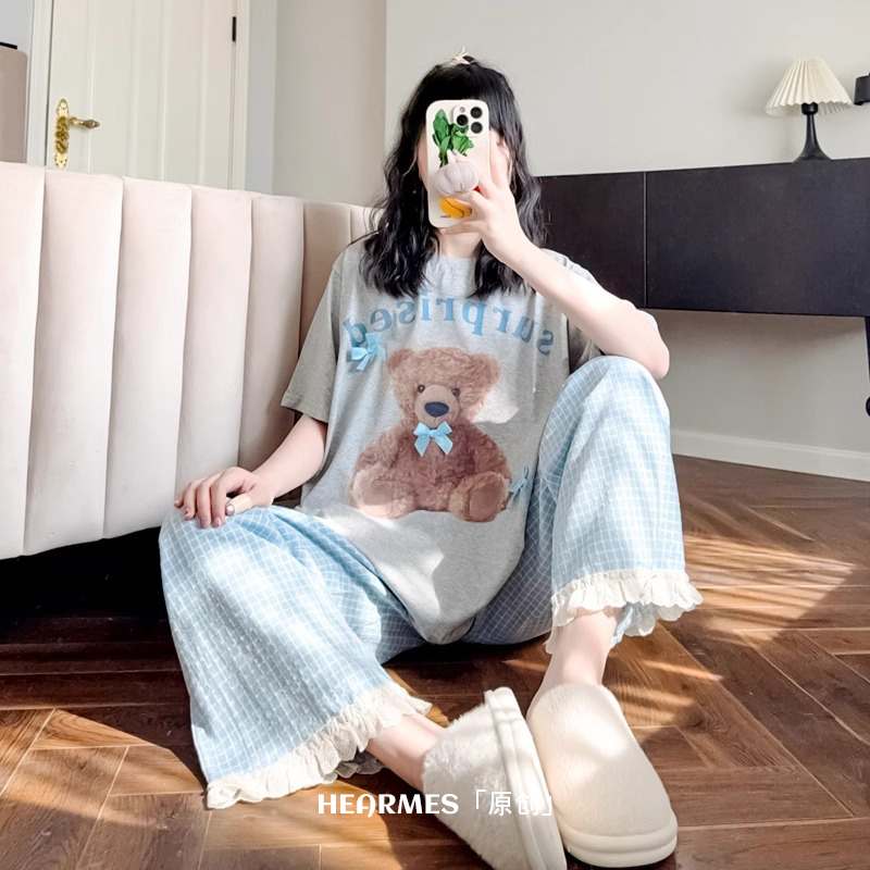 HEARMES 可爱小熊夏季睡衣女纯棉短袖长裤薄款可外穿可爱家居服春