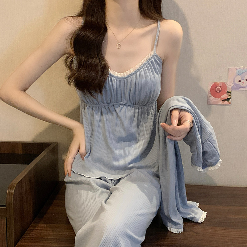 HEARMES 睡衣女士春秋款季纯棉纯欲风性感带胸垫花边雾蓝三件套装