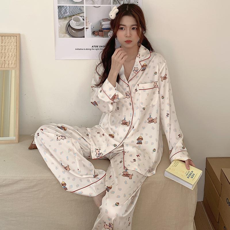 HEARMES 冰丝睡衣女春秋款长袖大码卡通套装高级感家居服夏可外穿