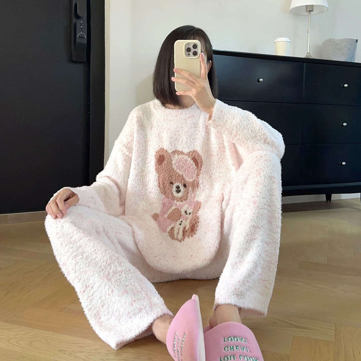 HEARMES 甜美可爱小熊睡衣女冬珊瑚绒新款加绒软绵绵可外穿家居服