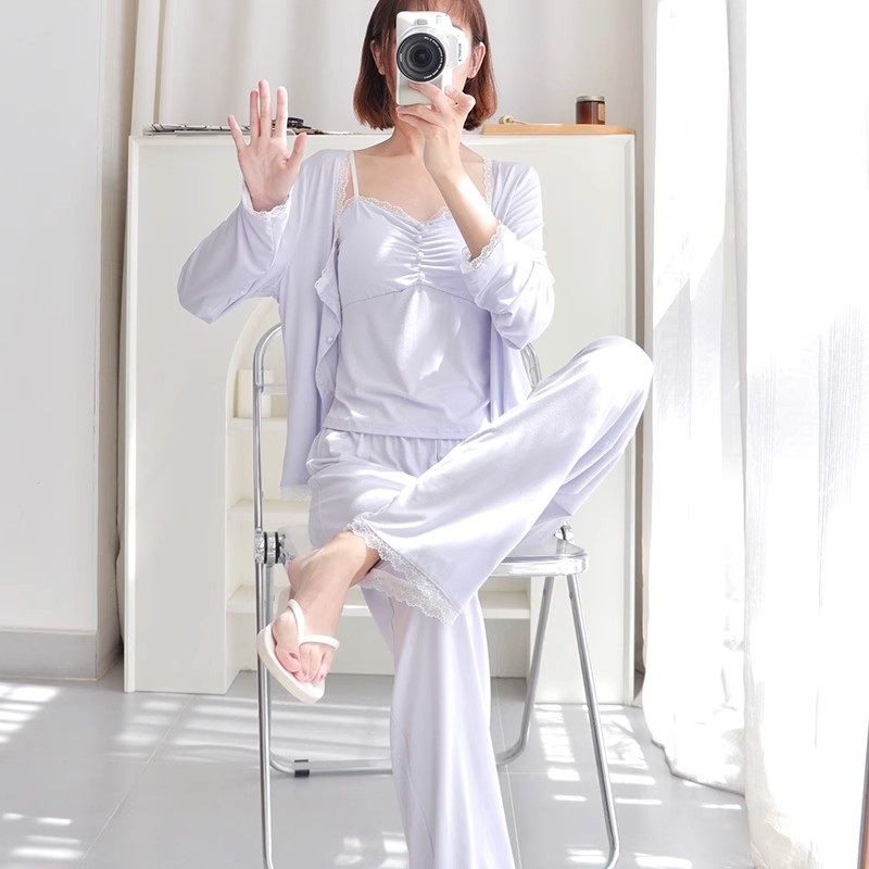 HEARMES 睡衣女夏天薄款莫代尔棉性感吊带三件套夏季家居服带胸垫