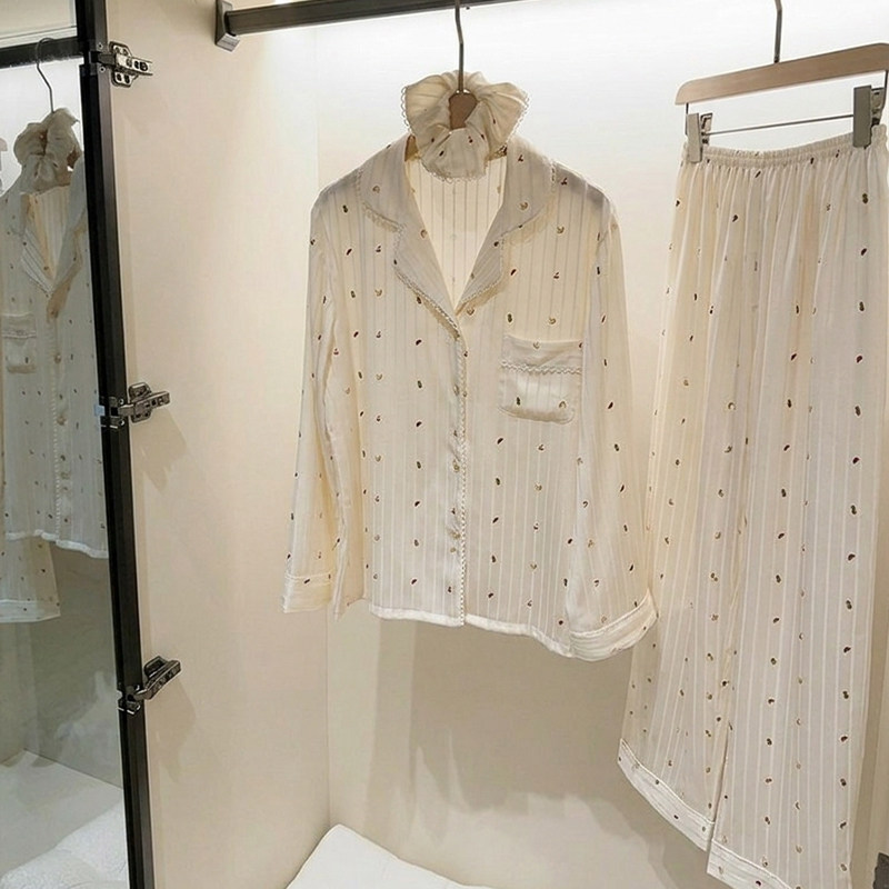 HEARMES 高级感条纹冰丝睡衣女春秋季长袖家居服夏天短袖三件套薄