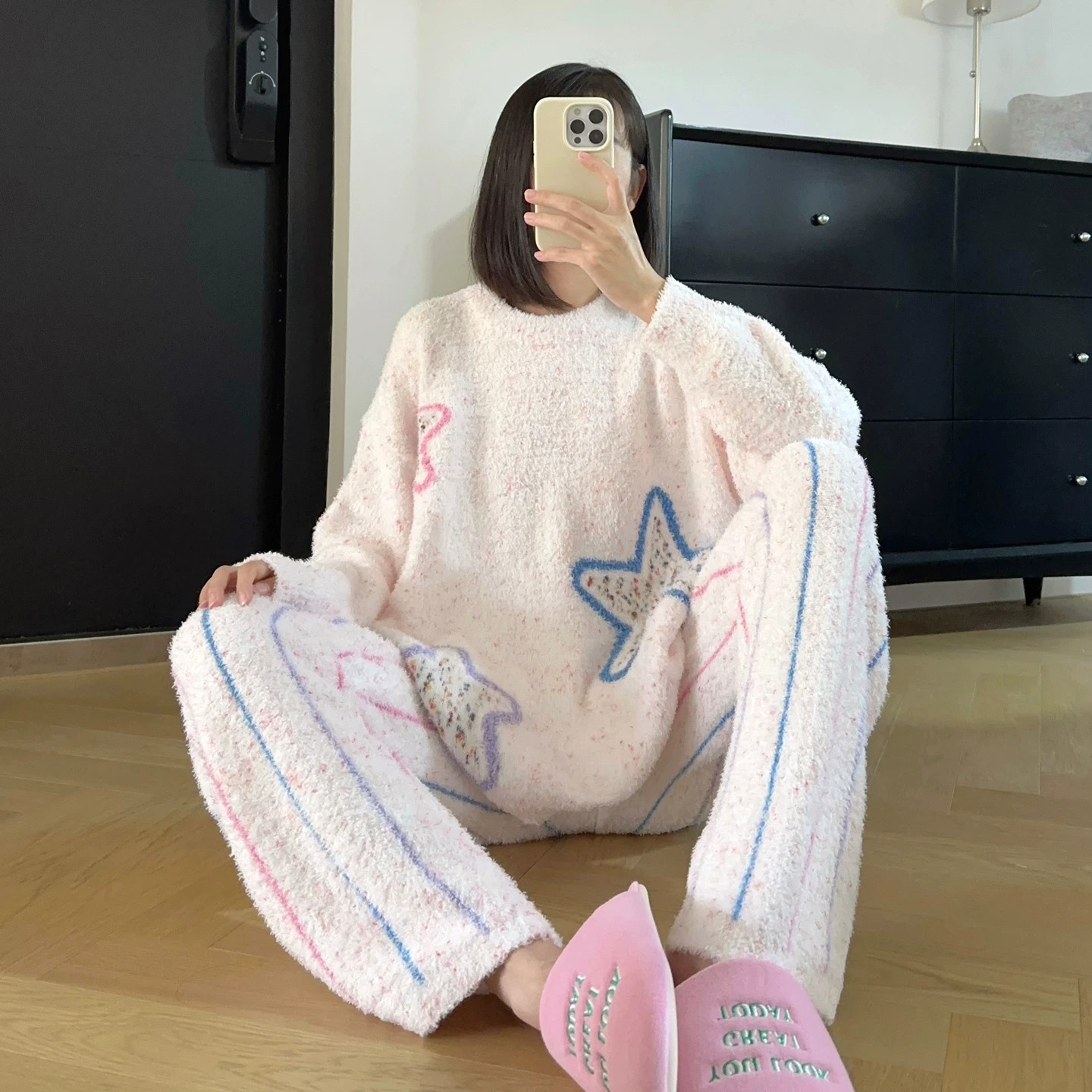 HEARMES 可爱星星秋冬睡衣女长袖珊瑚绒加厚可外穿甜美圆领家居服