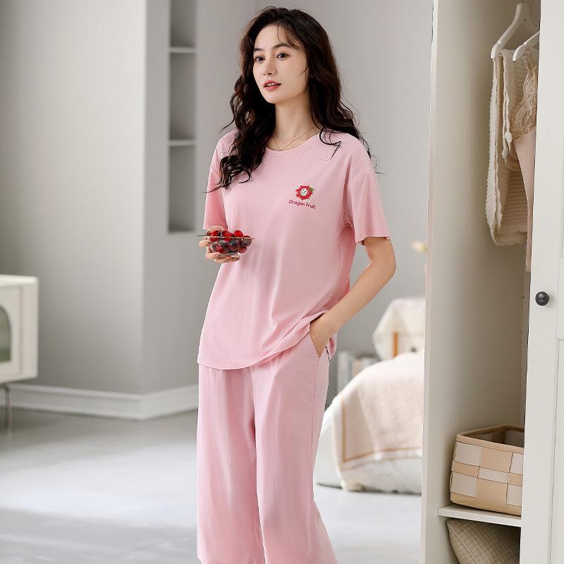HEARMES 带胸垫莫代尔睡衣女夏季薄款短袖七分裤夏天女士免穿内衣