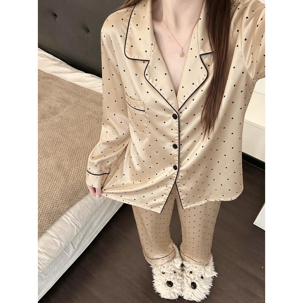 HEARMES 香槟色波点冰丝睡衣女春秋季长袖家居服夏天短袖三件套薄