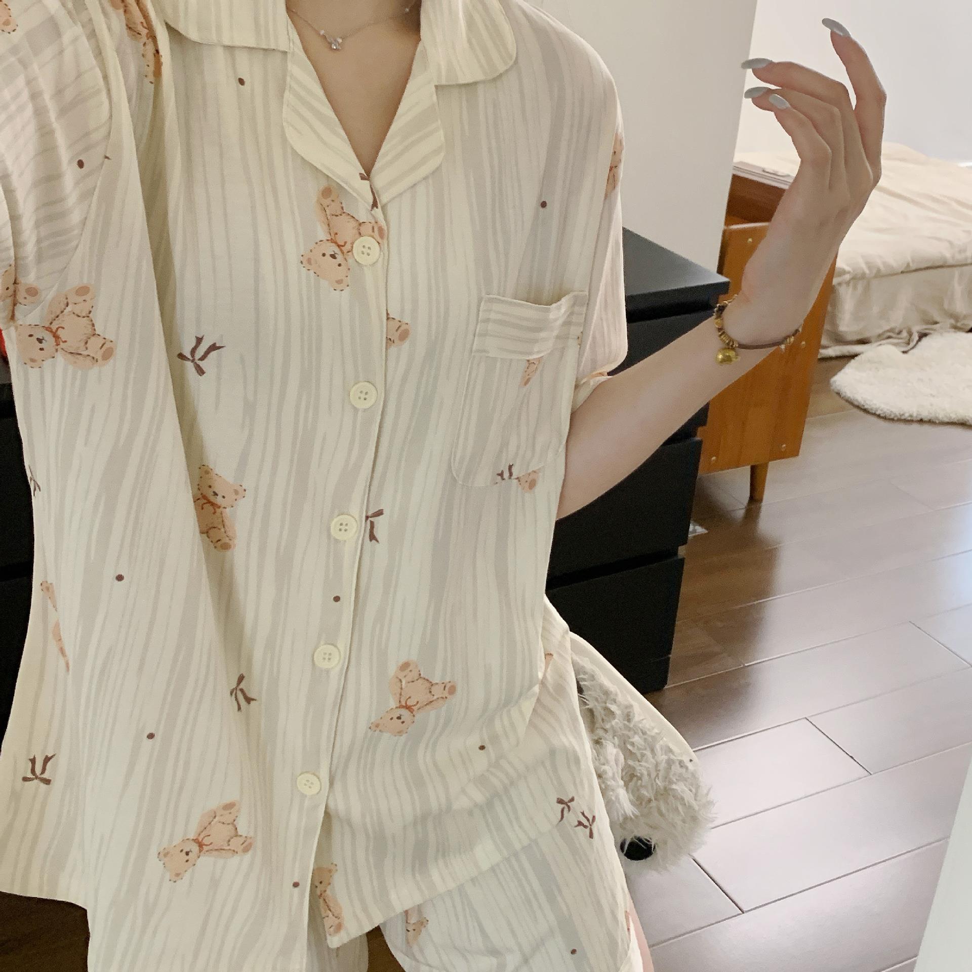 HEARMES 纯棉睡衣女夏季新款短袖短裤韩版条纹小熊薄款少女家居服