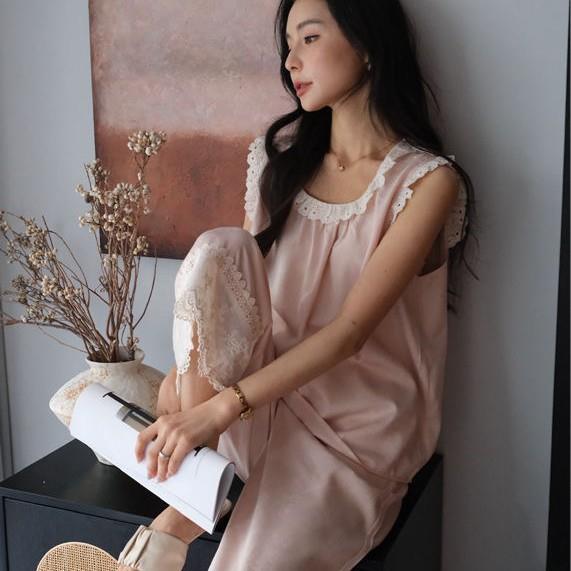 HEARMES 夏季新品睡衣女无袖九分裤裤套装甜美蕾丝花边宫廷家居服