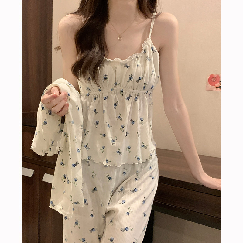 HEARMES 睡衣女春秋款季纯棉纯欲风性感带胸垫花边樱桃三件套装