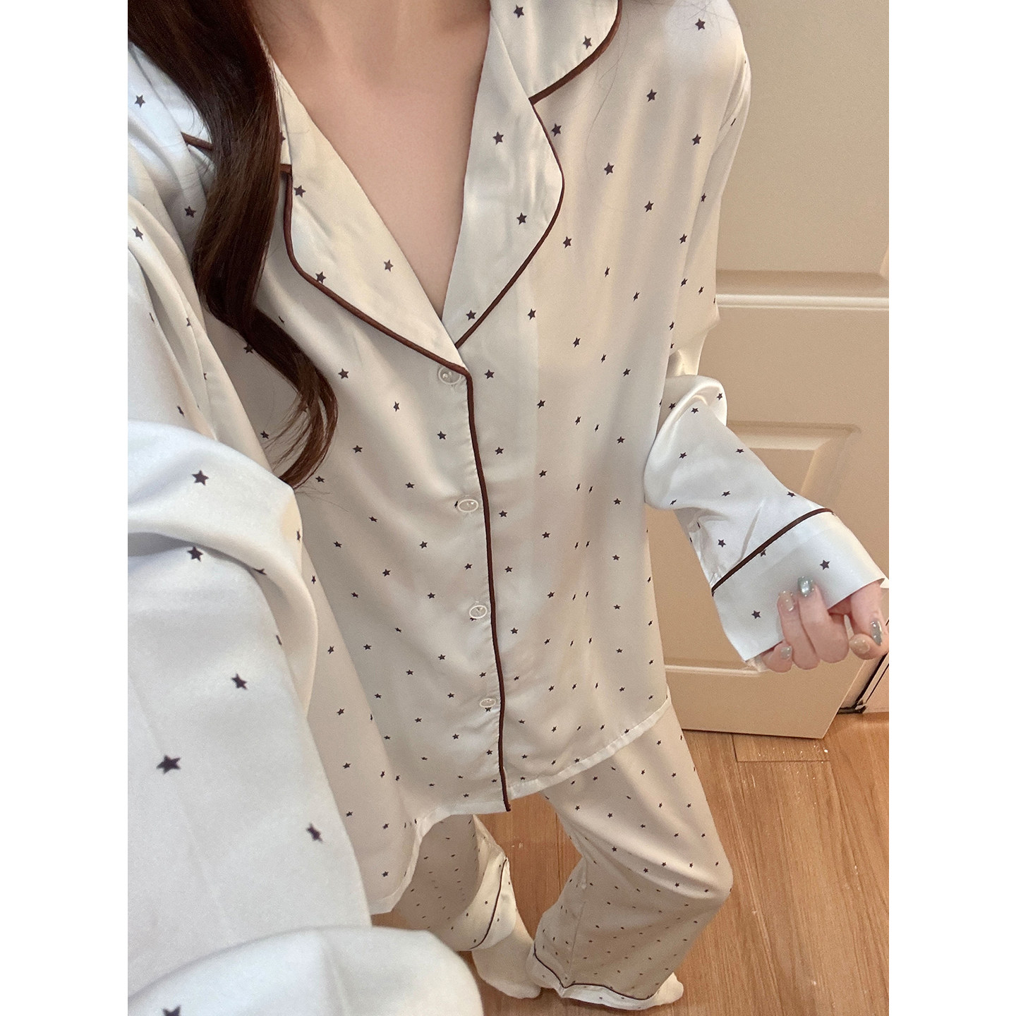 HEARMES 春秋松弛感星星冰丝睡衣女上衣长袖长裤家居服套装可外穿