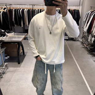 BY3春季潮牌双层领假两件长袖T恤男卫衣韩系宽松通勤内搭打底上衣
