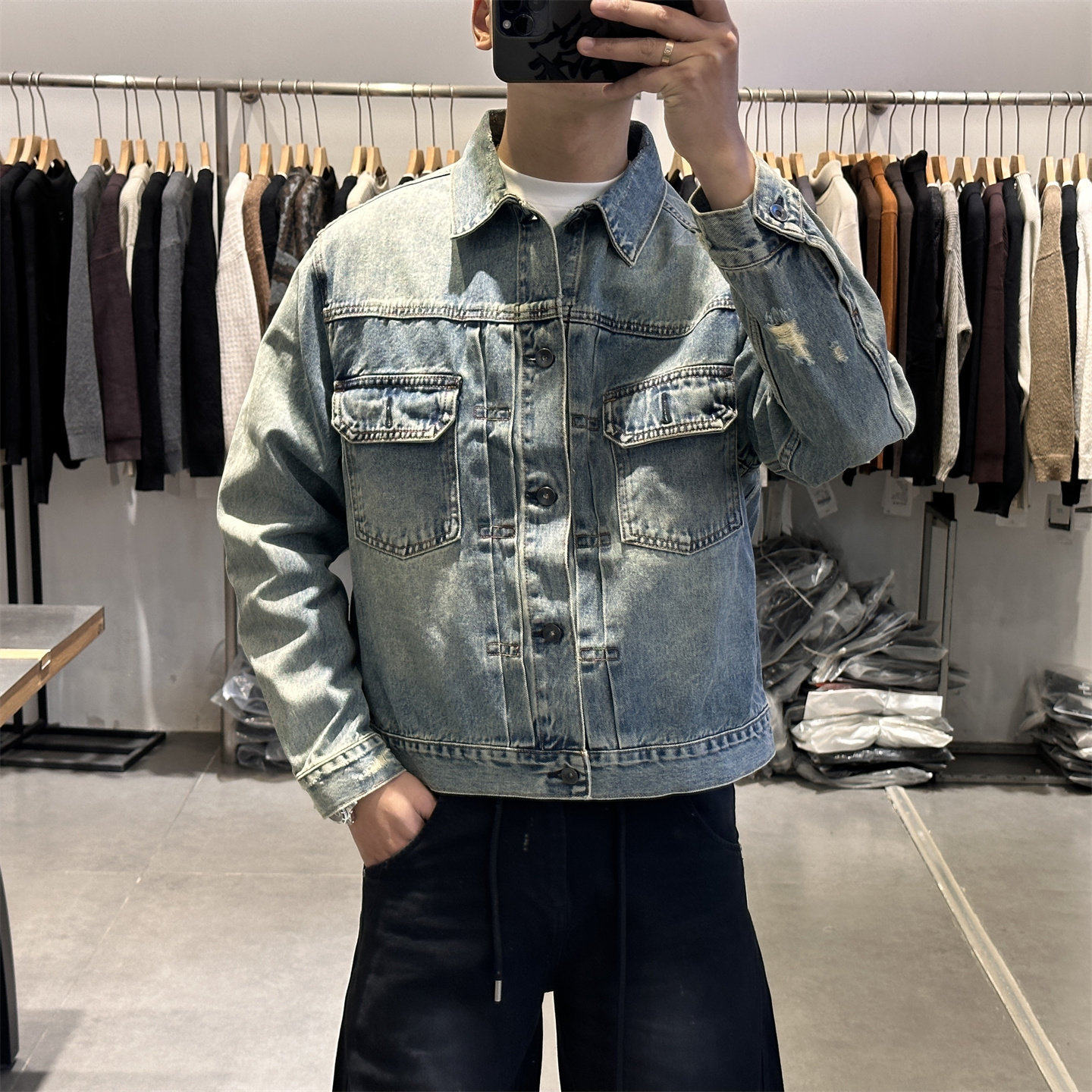 2026春季新款美式复古水洗翻领牛仔夹克男老钱风痞帅短款牛仔外套,男装,牛仔外套,淘宝优惠券,粉丝福利购,淘宝优惠卷