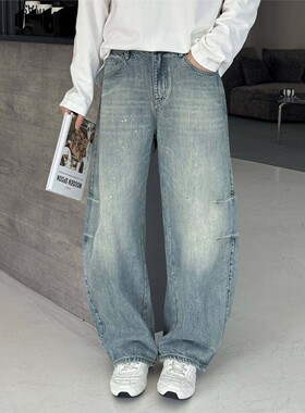互道春季男复古水洗浅蓝亮片泼墨弯刀牛仔裤美式结构剪裁阔腿长裤