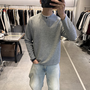 QFO春季新款男一粒扣亨利领长袖T恤日系老钱风纯色内搭打底衫上衣