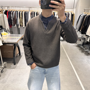 古伦尚春季新款男衬衫立领假两件卫衣男潮牌韩系宽松痞帅套头上衣