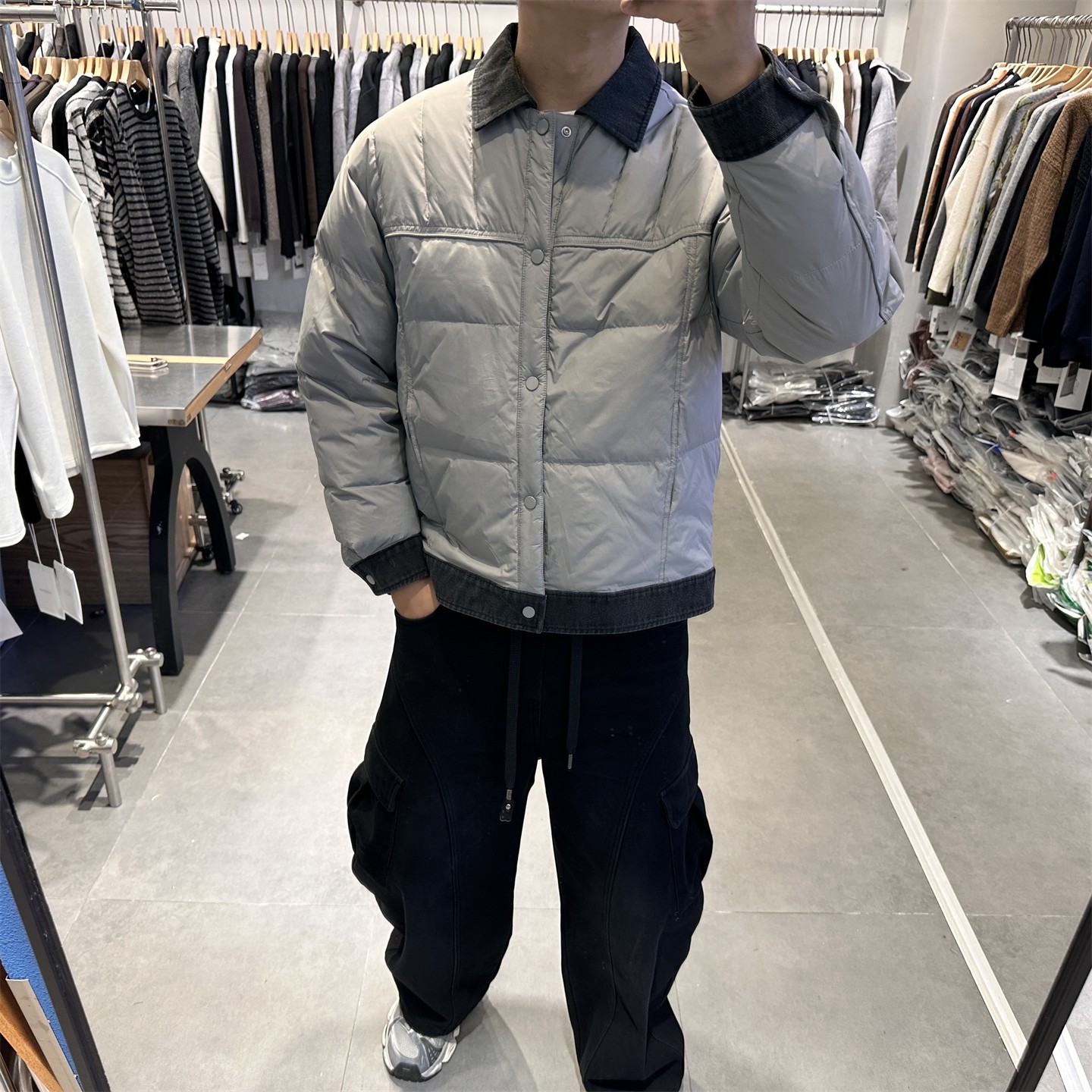 高级感牛仔拼接轻薄款翻领羽绒服男冬季加厚保暖工装90鸭绒外套潮