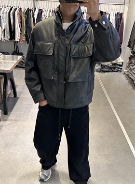 2025冬季高级感工装立领Pu皮衣羽绒服男美式潮流保暖机车90绒外套
