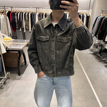 老钱风复古PU皮拼接翻领牛仔夹克男2026春季新款水洗做旧工装外套