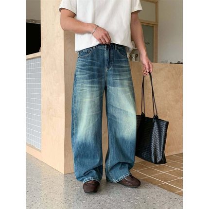 高品质重工复古水洗做旧弯刀牛仔裤男春季美式宽松痞帅阔腿长裤潮