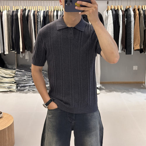 QFO秋冬季男绵羊毛混纺翻领针织短袖POLO衫轻奢老钱风通勤打底衫