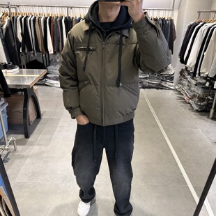 冬季新款工装假两件连帽羽绒服男日系复古短款青年90白鸭绒外套潮