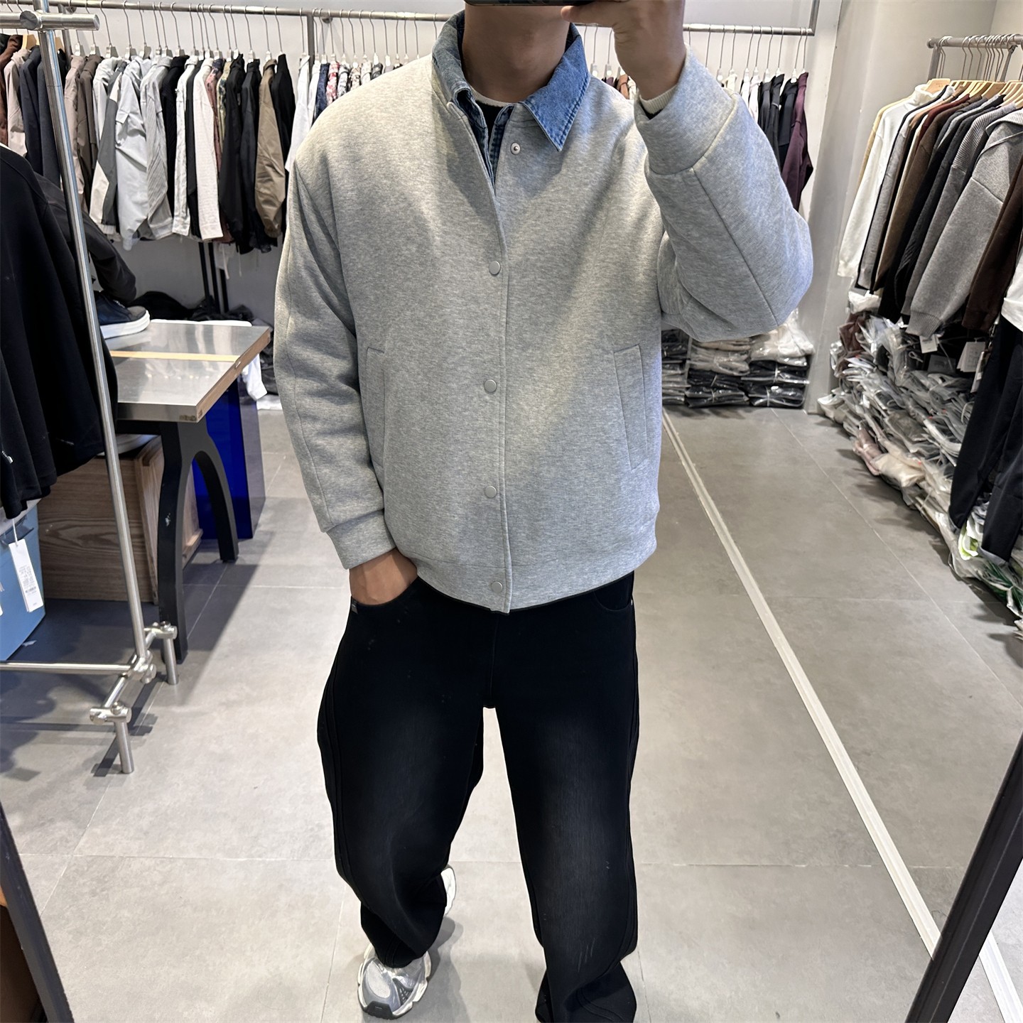 秋冬新款拼接假两件牛仔衬衫领开衫卫衣潮流时尚青年针织棉衣夹克