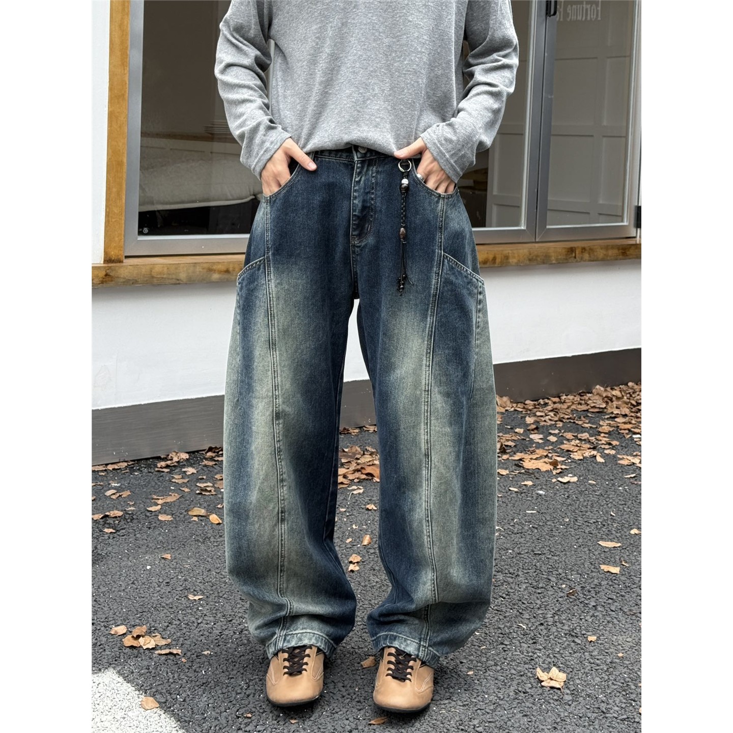 美式复古水洗做旧渐变色弯刀牛仔裤男秋季潮流宽松痞帅工装阔腿裤
