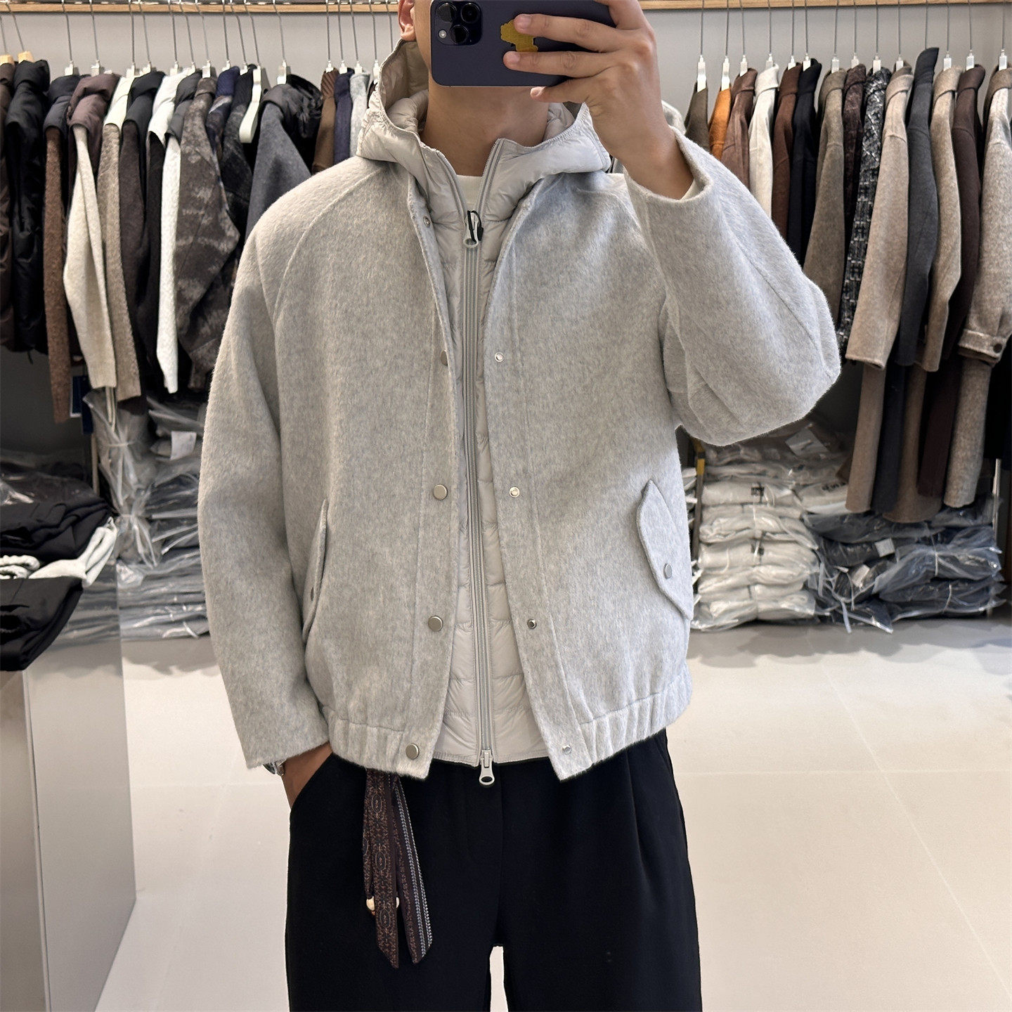 可脱卸羽绒服马甲真两件连帽双面羊毛呢大衣男冬季加厚保暖外套潮