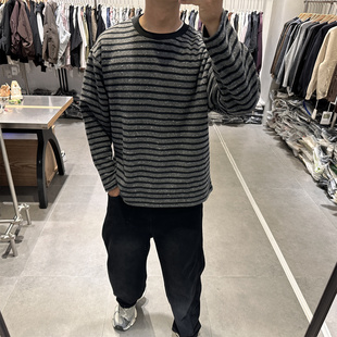 2025秋季极简cleanfit黑色条纹圆领长袖T恤男套头日系宽松卫衣潮