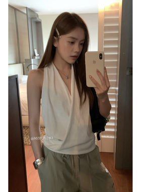 MZI韩系气质交叉v领挂脖背心女
