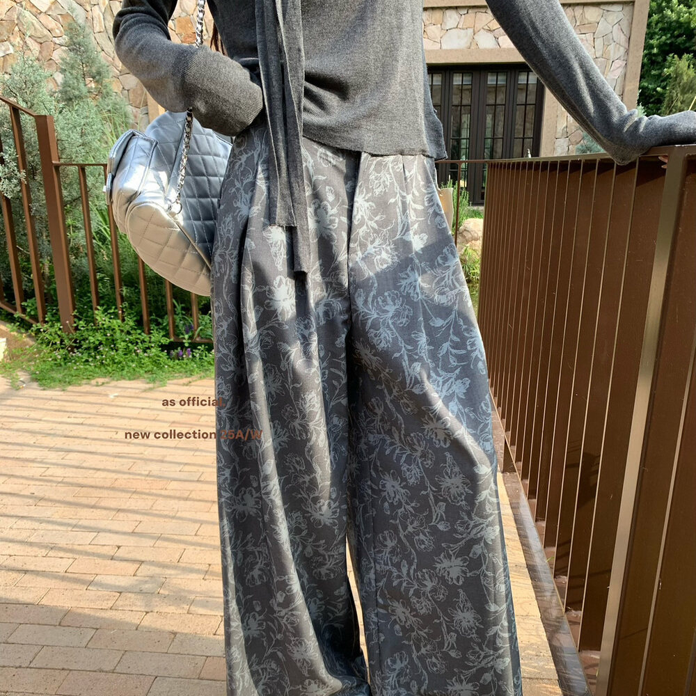 AS OFFICIAL韩版设计感复古花卉高腰直筒宽松显瘦休闲裤长裤女ins