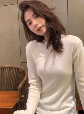 白色针织打底衫女冬Hers卷边领喇叭袖气质套头修身长袖上衣外穿
