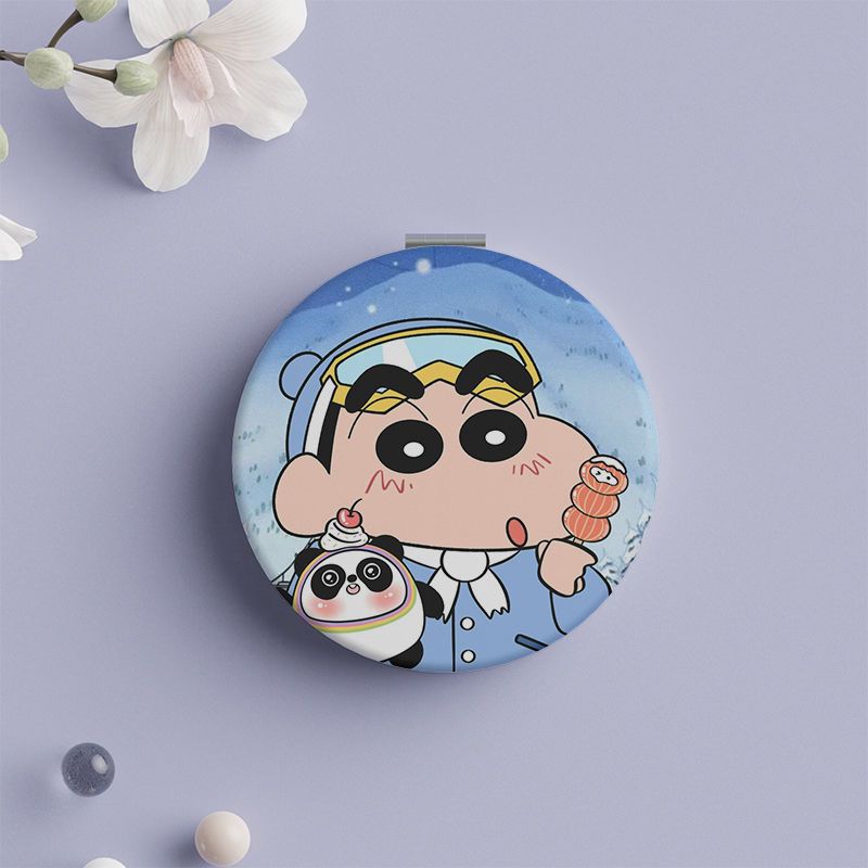蜡笔小新可爱卡通折叠PU小镜子时尚便携式圆形双面镜随身化妆镜女
