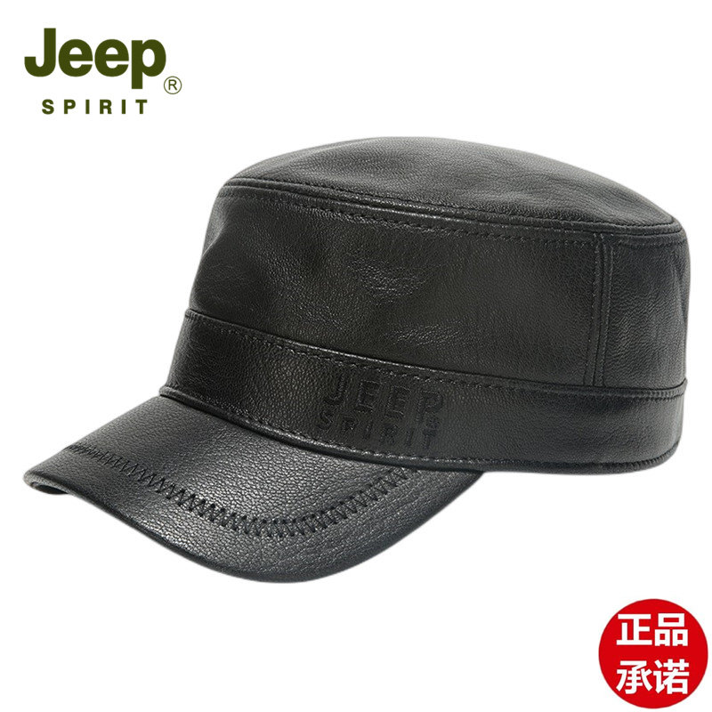 JEEP羊皮平顶帽男户外真皮爷爷帽