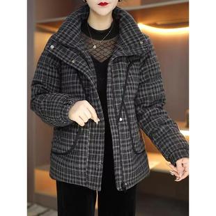 时尚复古格子加厚立领棉服女G冬款气质加棉保暖大码妈妈装外套