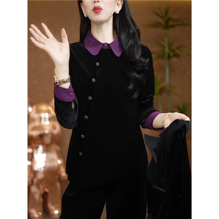 2025秋季高级感黑色丝绒衬衫百搭长袖大码女装胖MM时尚设计感上衣