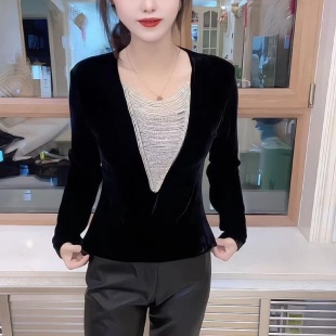 设计感串珠蕾丝拼接长袖丝绒T恤女2026早春新款修身个性打底衫潮