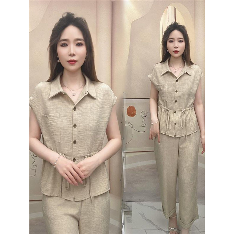 时尚妈妈抽绳收腰套装夏季休闲