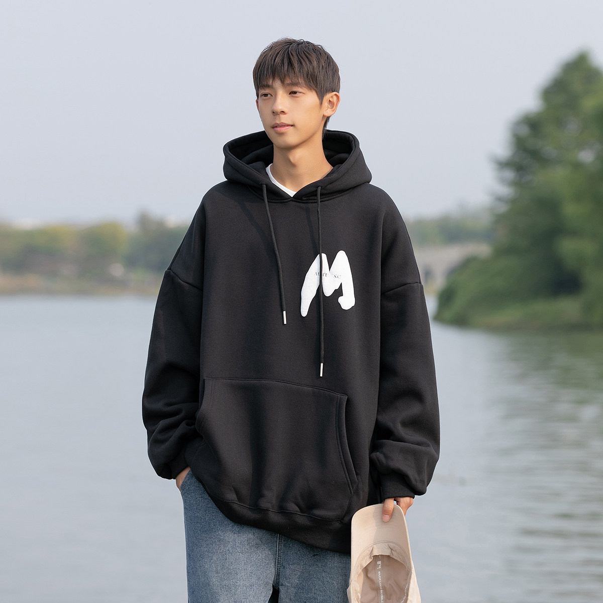 1009-XW20-P75-限价98*发泡印花连帽卫衣男冬季加绒加厚宽松外套,男装卫衣,四季星座1009