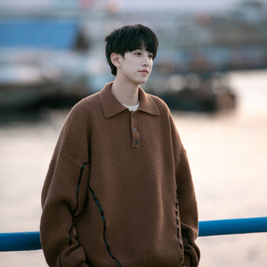 1009-MF62-P70-限价98 -M-2XL POL0领加飘带毛衣潮流宽松上衣男图片
