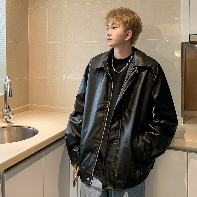 1009-JK146-P95-限价128黑色机车服皮衣夹克宽松翻领外套男秋季,男装皮衣,四季星座1009