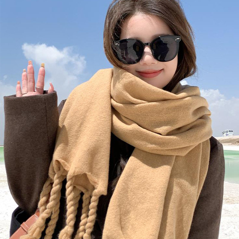 披肩欧美毛线冬天打结粗辫子流苏纯色围巾秋冬仿羊绒围巾