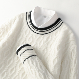 青年羊绒衫男圆领双股加厚针织毛衣绞花青少年羊毛衫初中高中学生