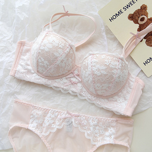 樱花坠落～法式 蕾丝性感内衣女无钢圈小胸聚拢显大防下垂文胸套装