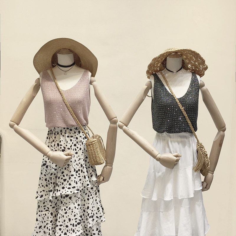 欧洲站内搭针织烫钻亮丝bling吊带背心女纯色无袖打底衫V领上衣潮