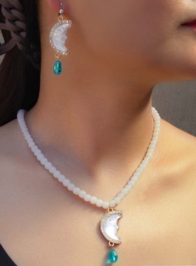 FFOOOO复古合金月亮元素白色珠子项链耳坠