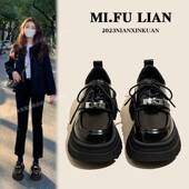 女鞋 子爆款 2024新款 英伦风黑色系带小皮鞋 夏季 单鞋 松糕厚底乐福鞋