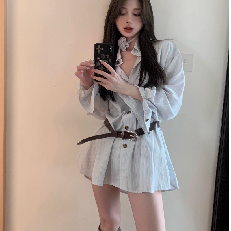 宽松韩版polo领衬衫连衣裙女秋季设计感长袖衬衣裙子收腰a字短裙