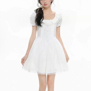 法式 甜美圆领显胸气质优雅辣妹短裙女 纯欲蕾丝显瘦短袖 连衣裙时尚