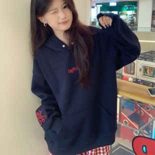 高街美式 加绒加厚学院风宽松百搭简约上衣潮 刺绣连帽卫衣女秋冬季